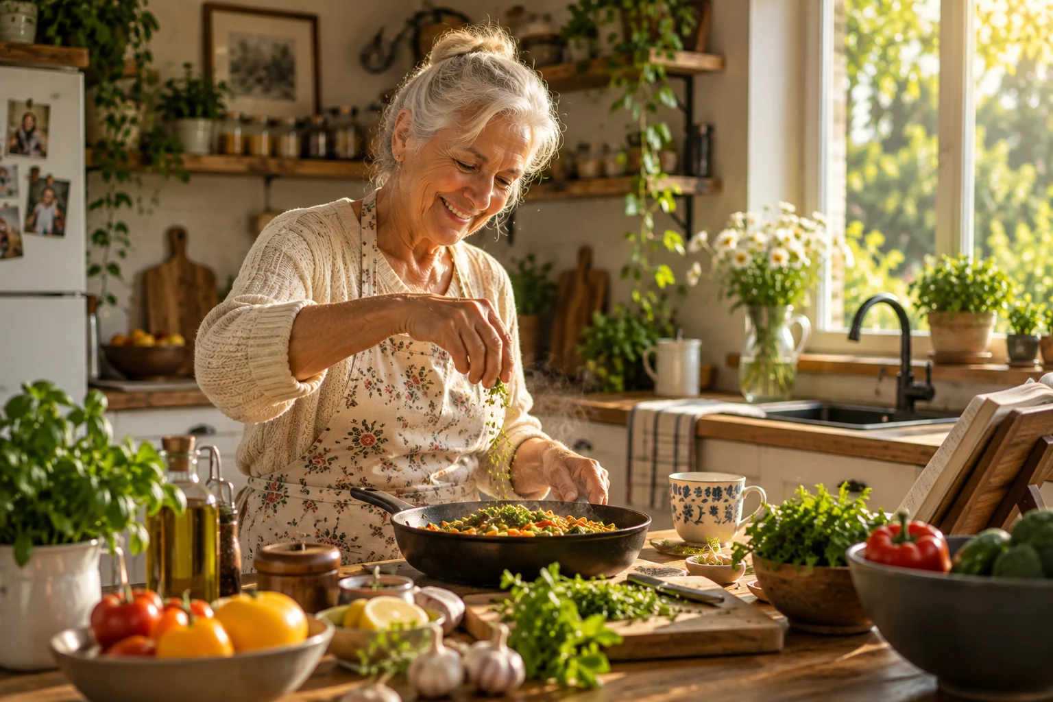 A silver-haired woman smiling as she seasons a skillet of vegetables at a sunlit kitchen window over the garden